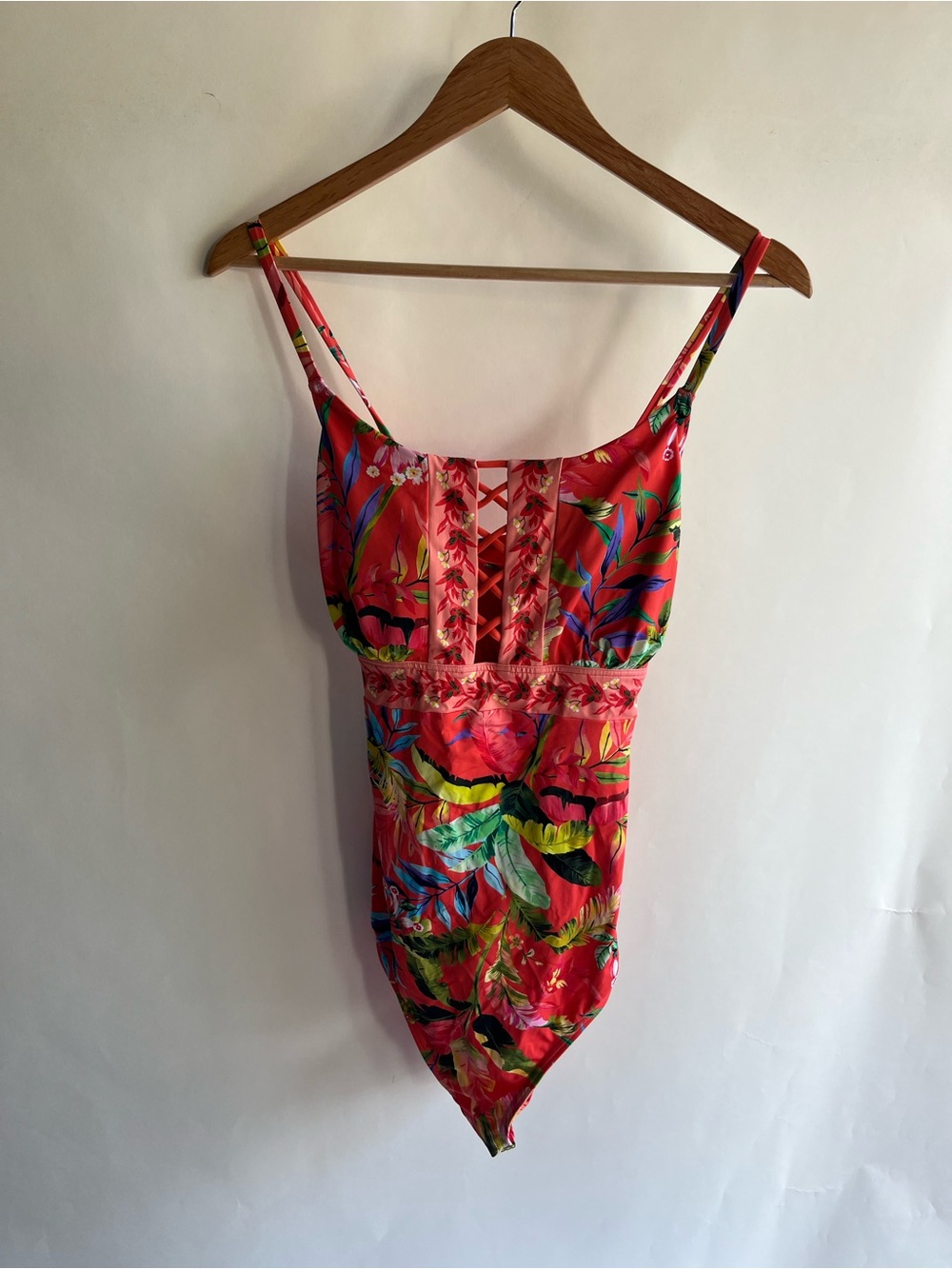 Lands’ End Swimsuit Sz 16 Removable Pads One Piece Orange Hawaiian Floral EUC